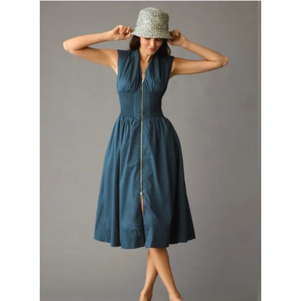Anthropologie The Tommie Cap-Sleeve Smocked Front-Zip Shirt Dress XSP NEW - Picture 1 of 4